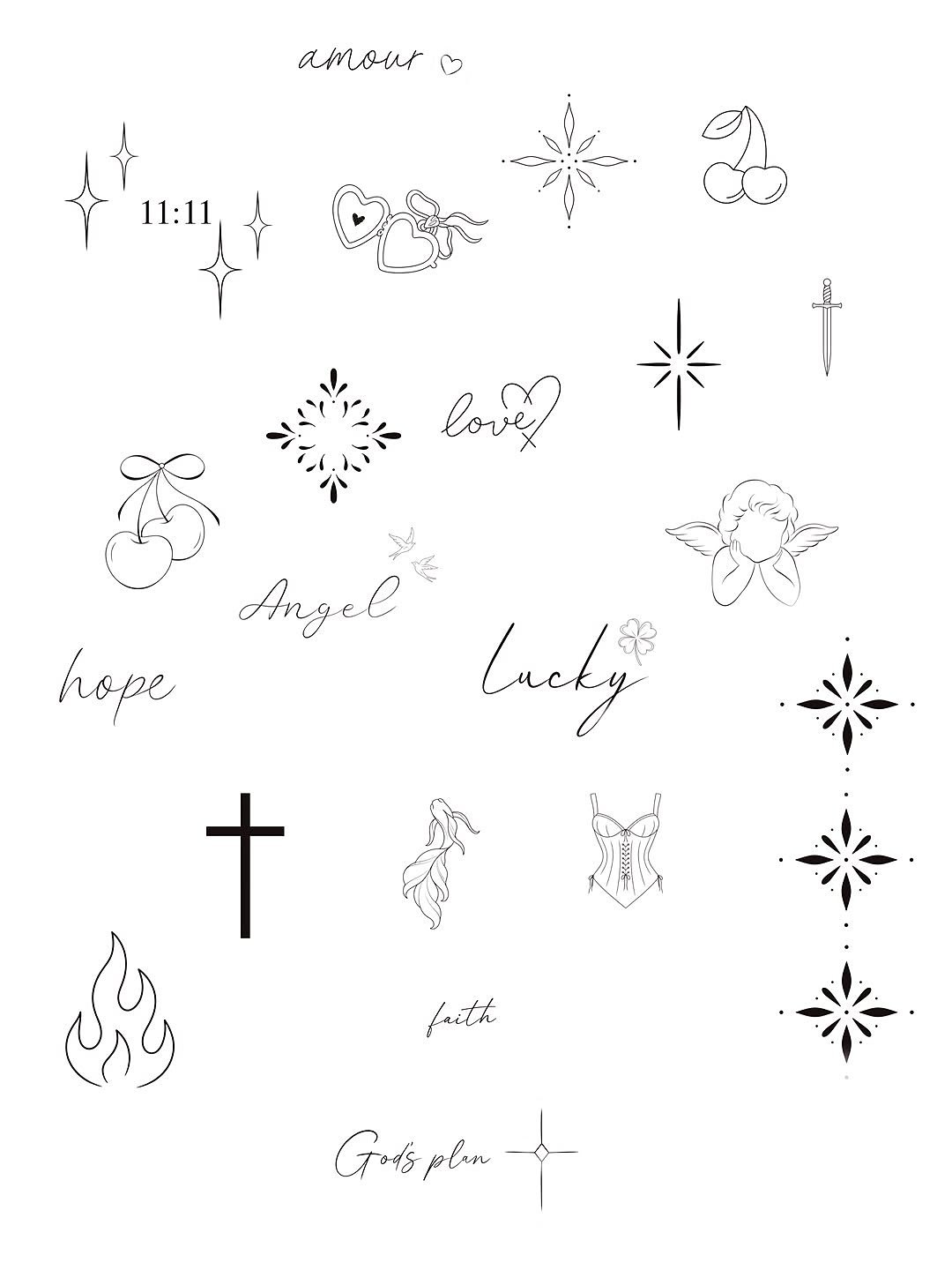 Kaleah’s fine line flash sheet: scripts, cherries, hearts, stars, an angel, a cross, a corset and more