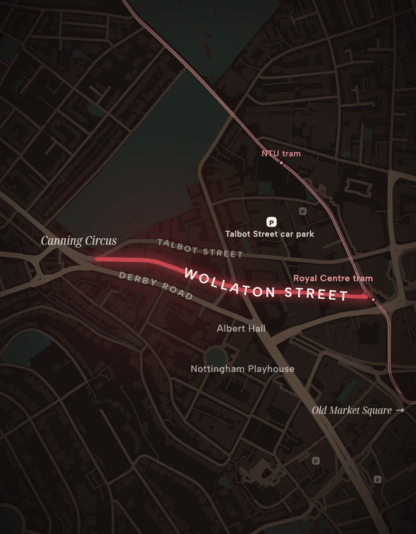 Map of Nottingham city centre: Brow Ink on Wollaton Street, between Canning Circus and the Royal Centre, near the Albert Hall and Talbot Street car park