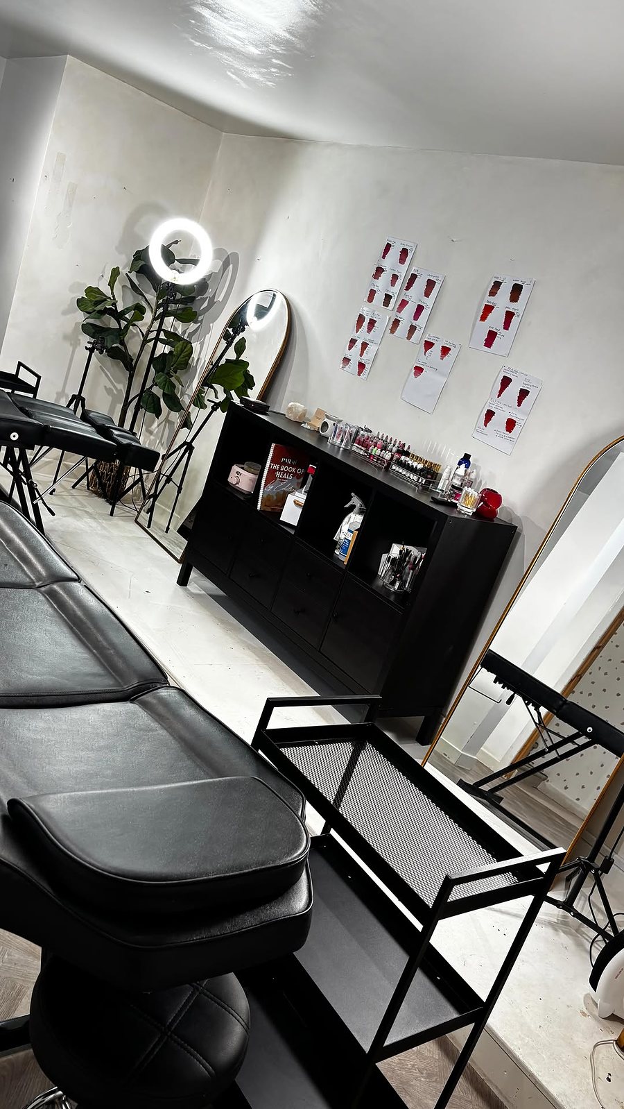 The Brow Ink studio: black treatment beds, a black dresser of pigments and lip blush swatches on the wall